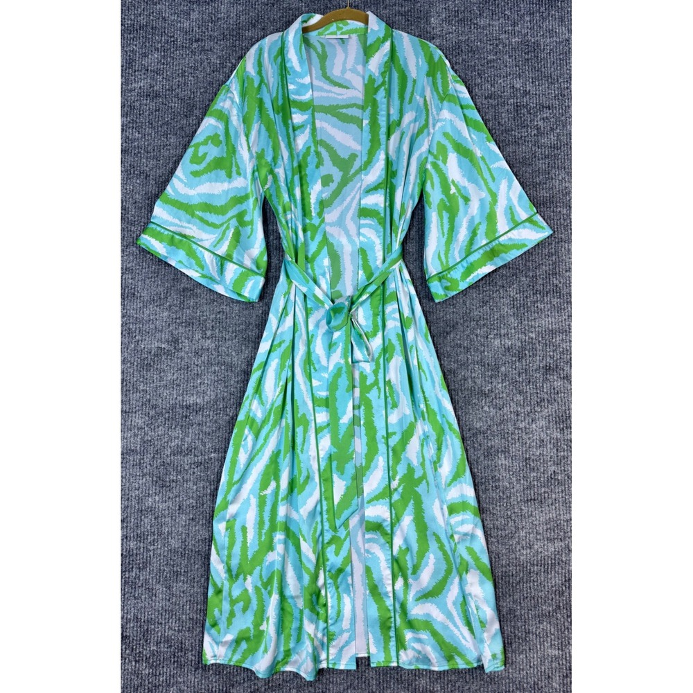 DVF X Target Satin Blue Green Zebra Print Kimono Maxi Robe Boho Loungewear XXS/S